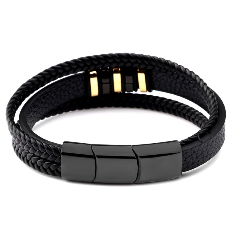 Men's Designer Black and Gold Leather Bracelet - ScentiMelti Home Fragrance, Beauty & Gifts UK