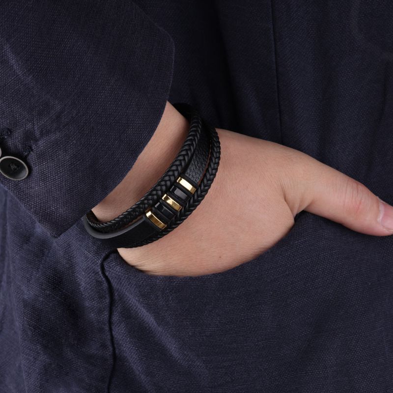 Men's Designer Black and Gold Leather Bracelet - ScentiMelti Home Fragrance, Beauty & Gifts UK