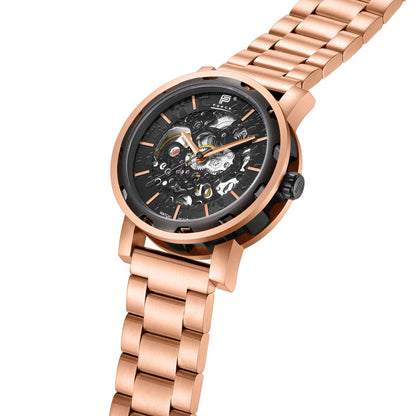 PUNCH Mens Watch, Rose Gold & Black & Skeleton Automatic Watch - Black Metal Strap