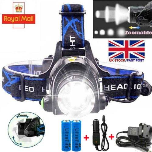 T6 Headlamp Rechargeable 350000LM LED Zoom Headlight Head Torch USB Line New UK - ScentiMelti Home Fragrance, Beauty & Gifts UK