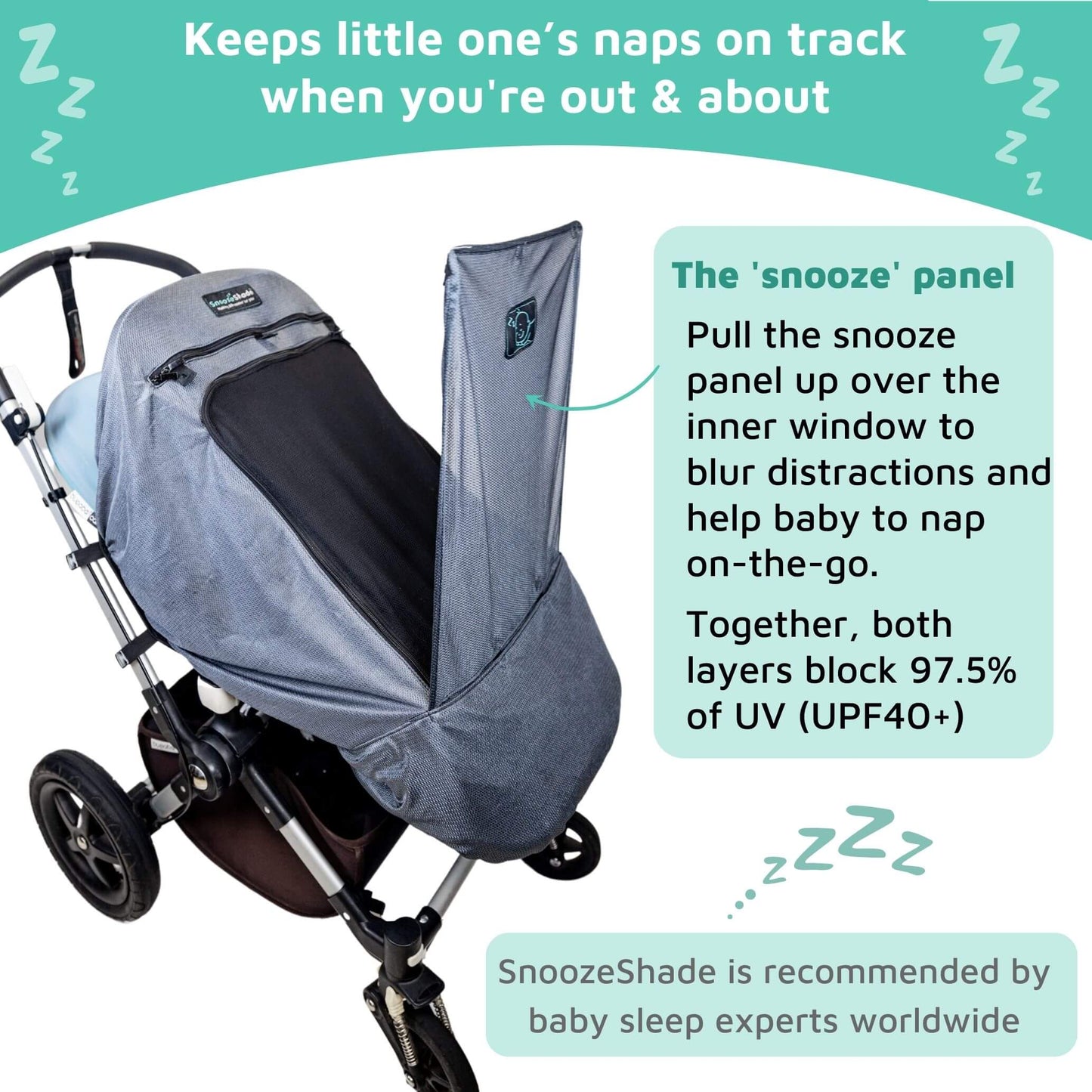 SnoozeShade Plus Deluxe (6m+) Universal-fit buggy & pushchair sun shade & baby sleep aid | Blocks up to 97.5% of UV - ScentiMelti Home Fragrance, Beauty & Gifts UK