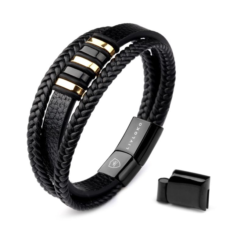 Men's Designer Black and Gold Leather Bracelet - ScentiMelti Home Fragrance, Beauty & Gifts UK