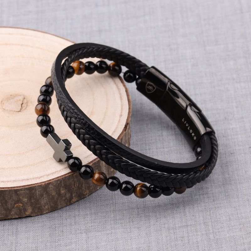 Black Leather Bracelet for Men with Cross - ScentiMelti Home Fragrance, Beauty & Gifts UK