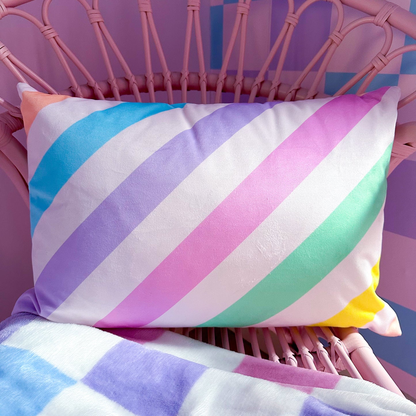 Rainbow pastel velvet cushion rectangle | Diagonal stripes cushion in rainbow colours - ScentiMelti Home Fragrance, Beauty & Gifts UK