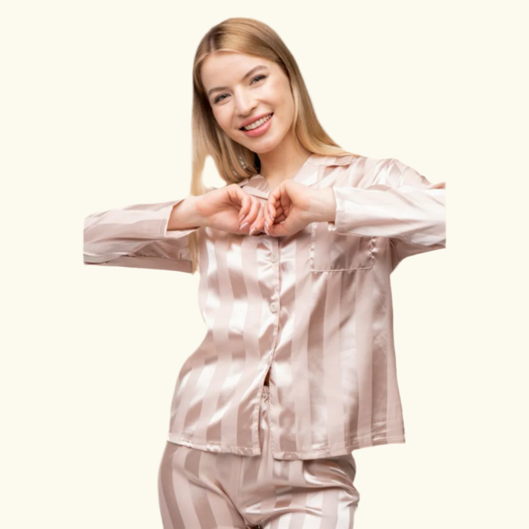 Beige Stripe Soft Satin Long Sleeve Night Suit Women's Silk Sleepwear Pyjama Set - ScentiMelti Home Fragrance, Beauty & Gifts UK