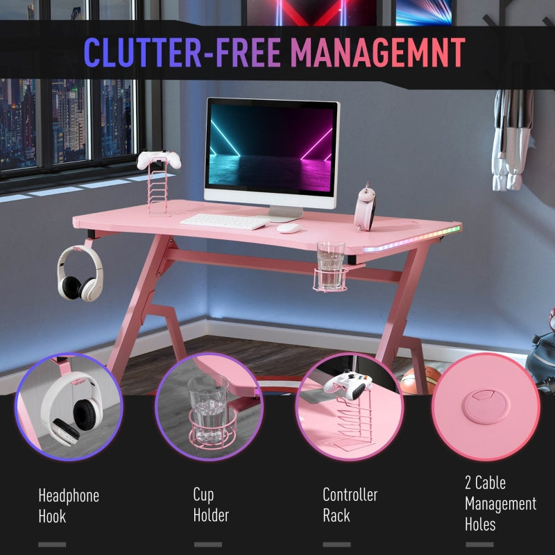 Racing Style LED Gaming Desk Office Desk Computer Table RGB Carbon Fibre Surface Headphone Hook Cup Holder Controller Rack Pink - ScentiMelti Home Fragrance, Beauty & Gifts UK