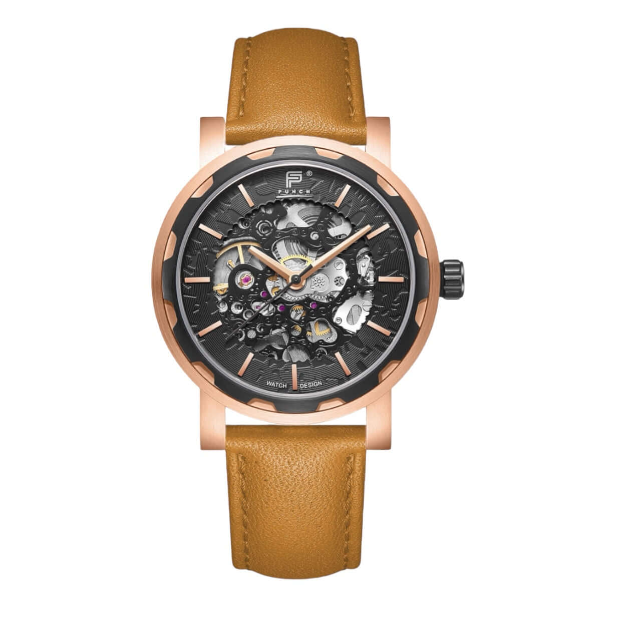 PUNCH Men's Rose Gold & Black Automatic Skeleton Watch - Tan Leather Strap Punch Watch Design ScentiMelti Wax Melts