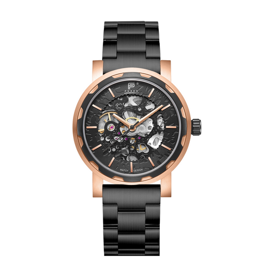 PUNCH Mens Watch, Rose Gold & Black & Skeleton Automatic Watch - Black Metal Strap