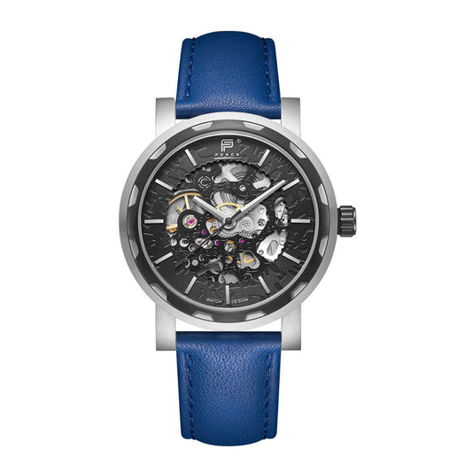 PUNCH Mens Watch, Black & Silver Skeleton Automatic Watch - Blue Leather Strap Punch Watch Design ScentiMelti Wax Melts