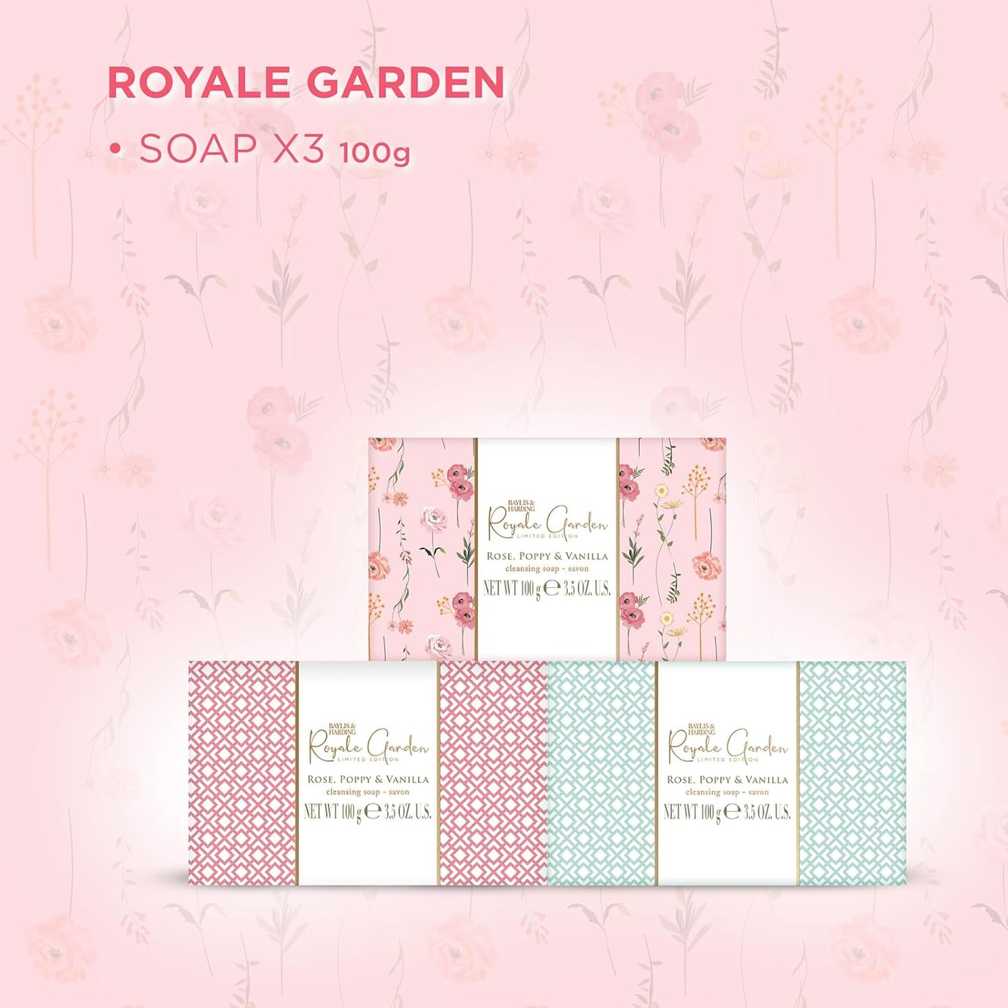 Baylis & Harding Royale Garden Rose, Poppy & Vanilla Luxury Wrapped Soaps Gift Set - Vegan Friendly (Pack of 1)