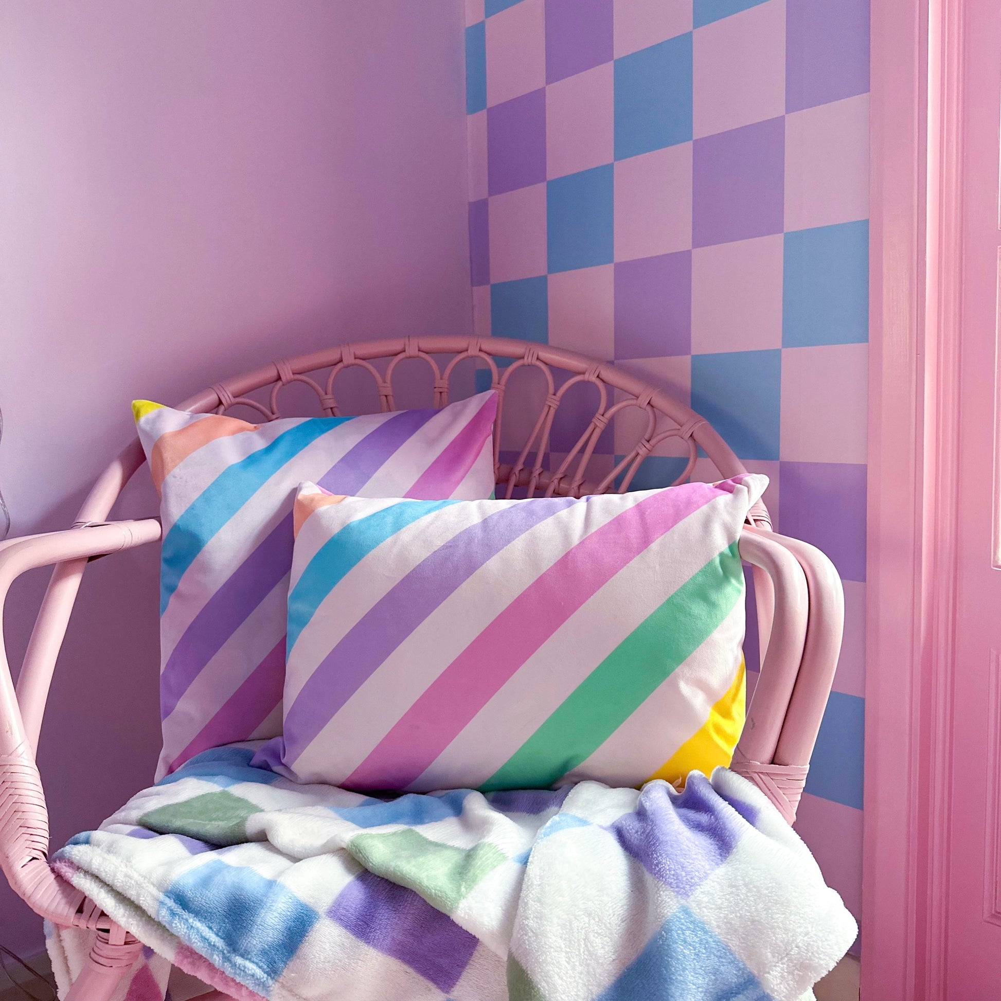 Rainbow pastel velvet cushion rectangle | Diagonal stripes cushion in rainbow colours - ScentiMelti Home Fragrance, Beauty & Gifts UK