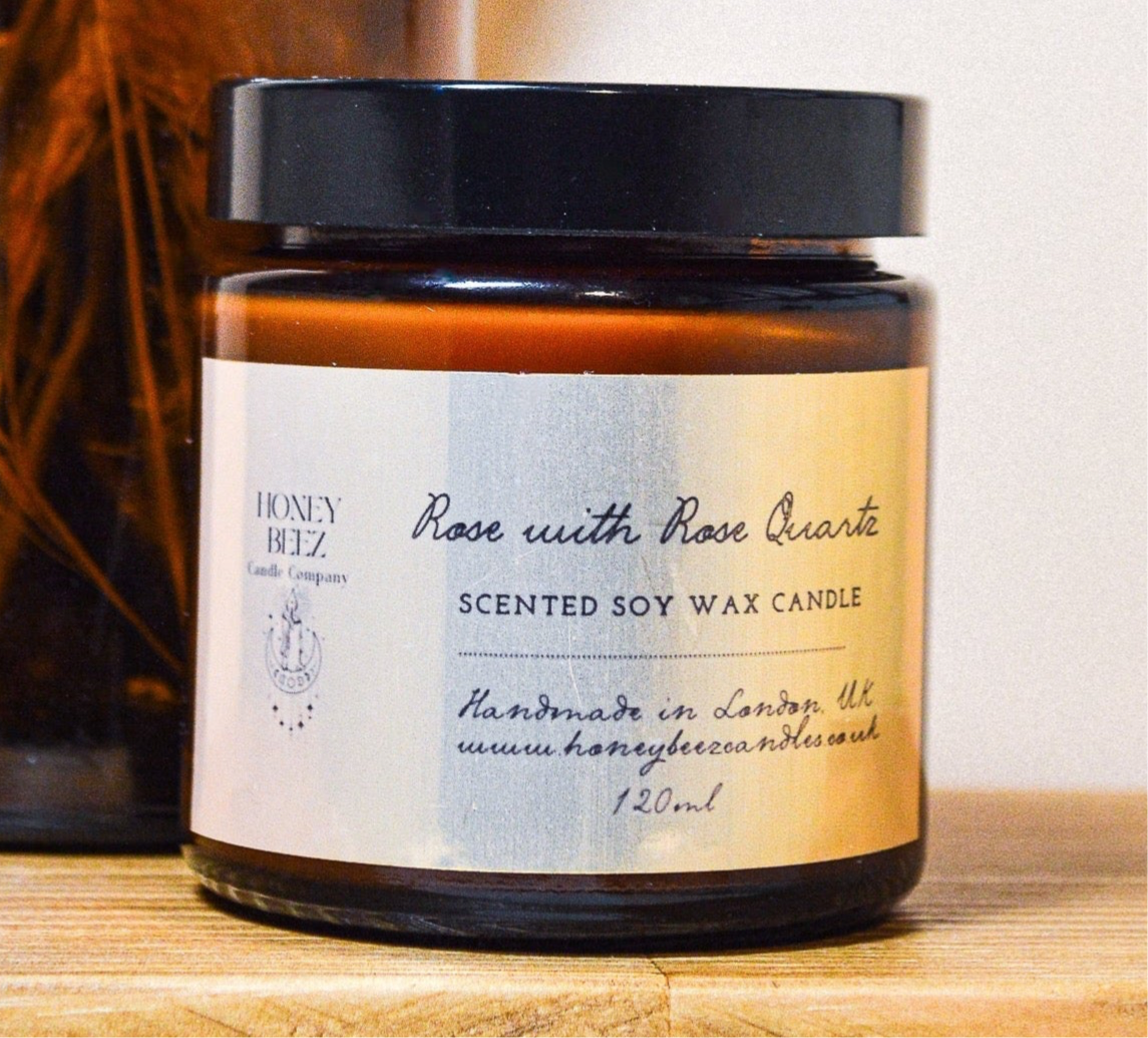 Luxurious Rose Scented Candle with Rose Quartz Honey Beez Candle Company ScentiMelti Wax Melts