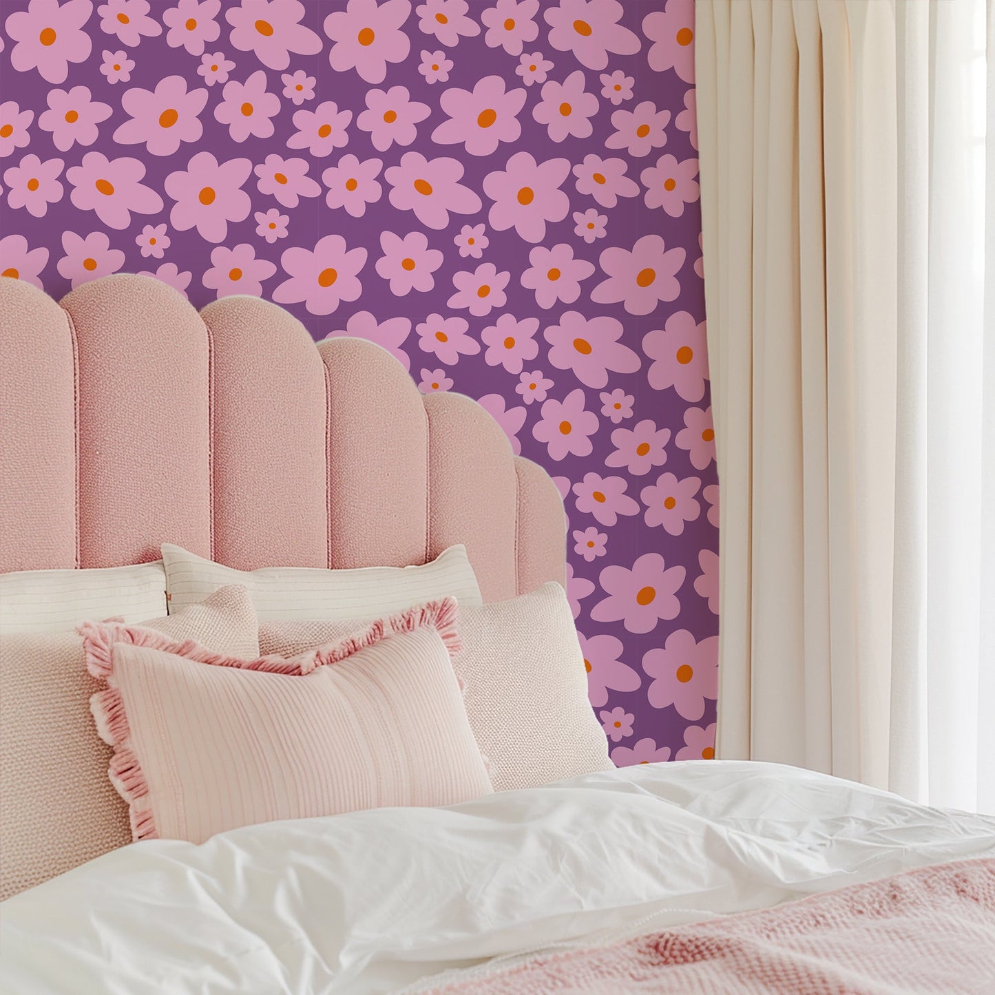 ‘Hello Petal’ Wallpaper on Heather | abstract floral wallpaper in pink and mauve colours - ScentiMelti Home Fragrance, Beauty & Gifts UK