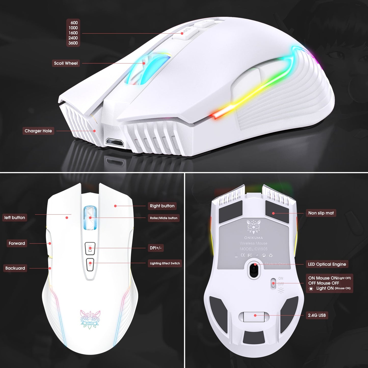 Wireless White Gaming Mouse Office Mouse Work Mouse 3600 adjustable DPI RGB LED Light - ScentiMelti Home Fragrance, Beauty & Gifts UK