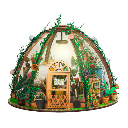 DIY Miniature Dollhouse Kit Wooden Mini Starry Flower Green House with LED Light for Kids