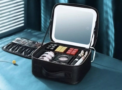 Makeup Bag With LED Light Mirror PU Makeup Case Cosmetic Box Black & Pink