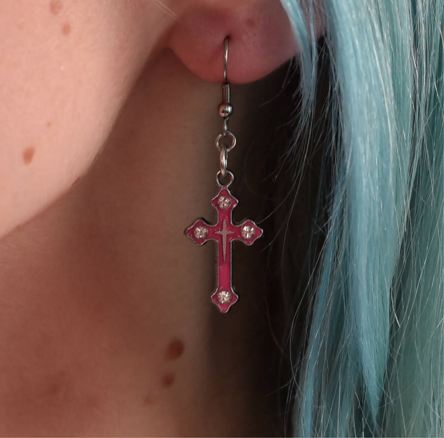 Pink Crystal Crucifix Earrings - ScentiMelti Home Fragrance, Beauty & Gifts UK