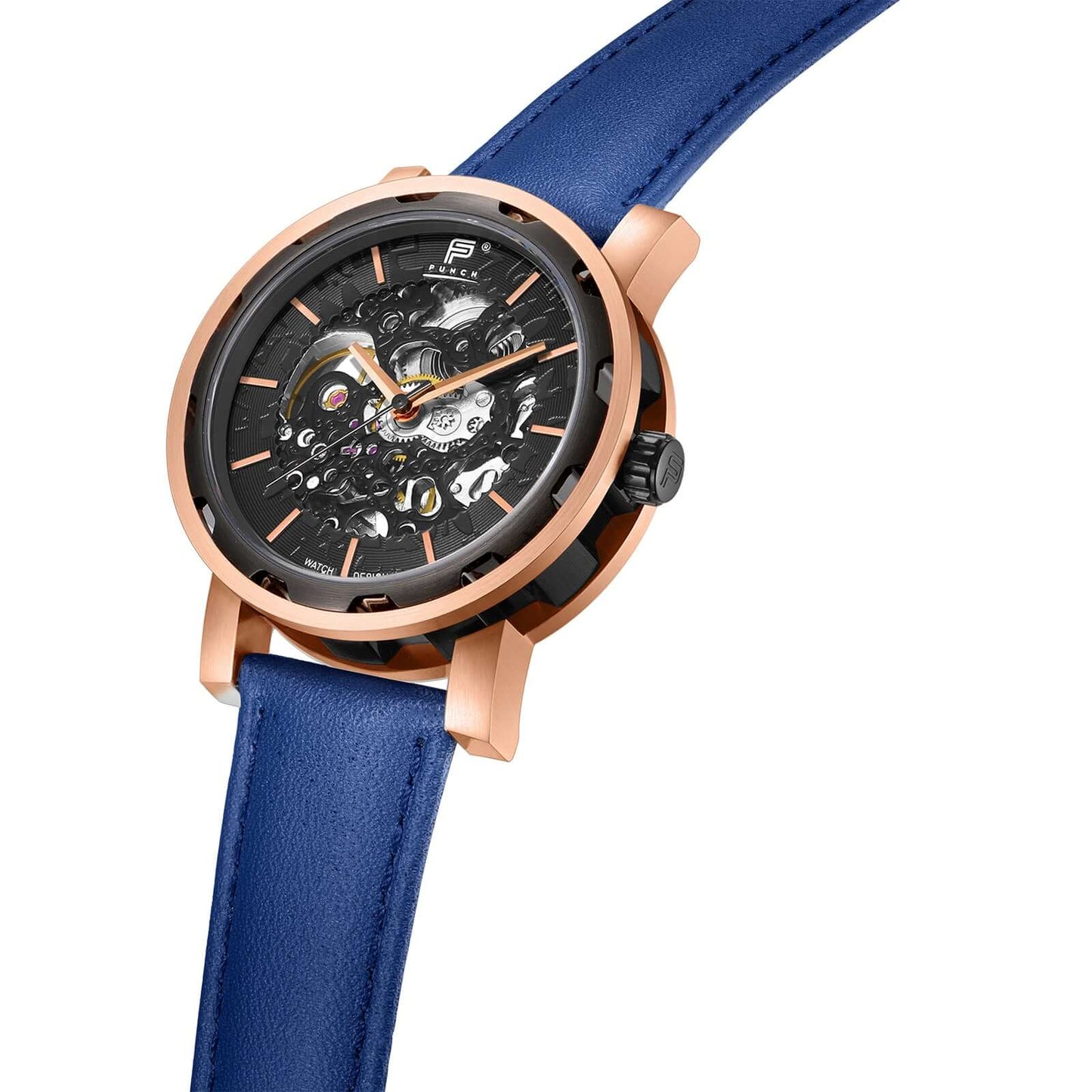 PUNCH Men's Rose Gold & Black Automatic Skeleton Watch - Blue Leather Strap Punch Watch Design ScentiMelti Wax Melts