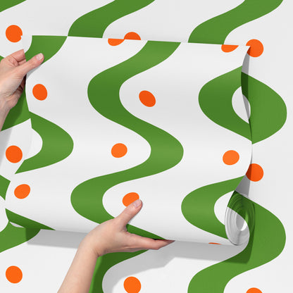 ‘A Wave of Dots’ Wallpaper in Grass Green and Tangerine | Wallpaper with wavy and polka dot pattern - ScentiMelti Home Fragrance, Beauty & Gifts UK