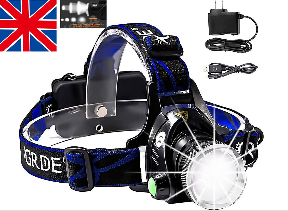 T6 Headlamp Rechargeable 350000LM LED Zoom Headlight Head Torch USB Line New UK - ScentiMelti Home Fragrance, Beauty & Gifts UK