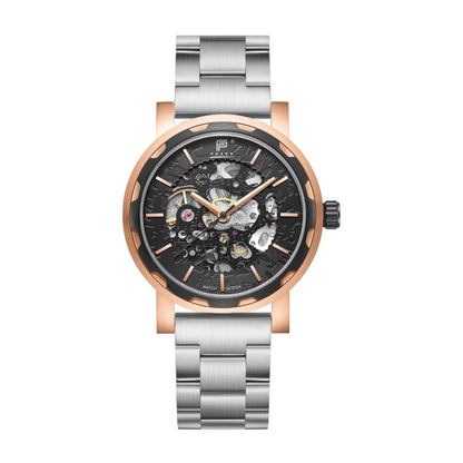 PUNCH Mens Watch, Rose Gold & Black Skeleton Automatic Watch - Silver Metal Strap