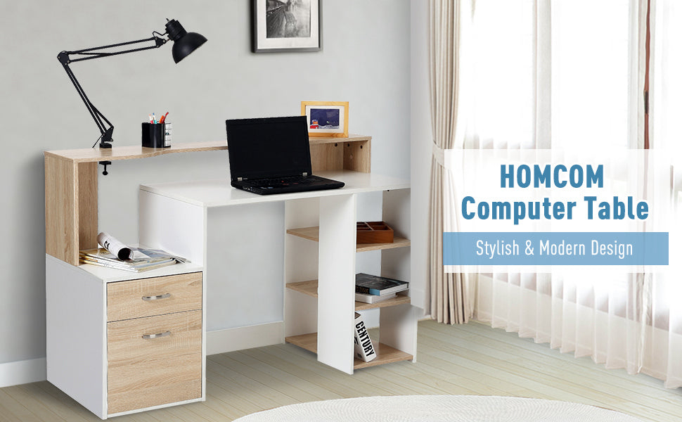 Modern Computer Desk with Drawers and Storage Shelves, Study Workstation, Writing Desk with Printer Stand for Home Office, Oak and White - ScentiMelti Home Fragrance, Beauty & Gifts UK