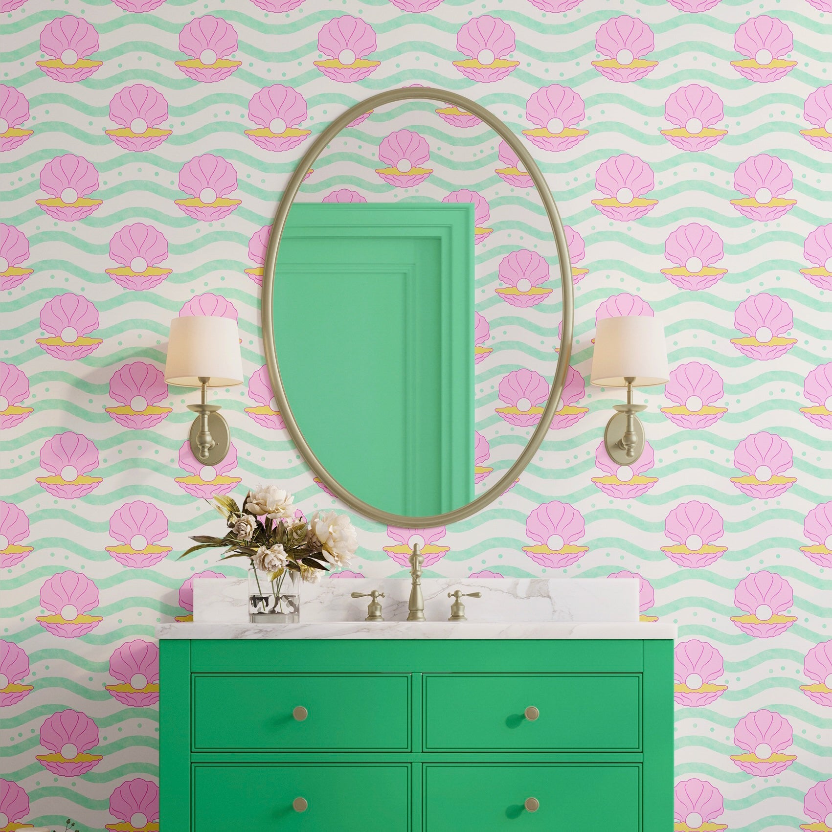 Gems of the Sea Wallpaper in Mint Green, Pink and Yellow | Seashell wallpaper in green, pink and yellow - ScentiMelti Home Fragrance, Beauty & Gifts UK