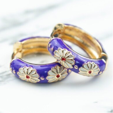 Gold Plated Large Purple Floral Multicolour Dainty Enamel Huggie Hoop Earrings - ScentiMelti Home Fragrance, Beauty & Gifts UK