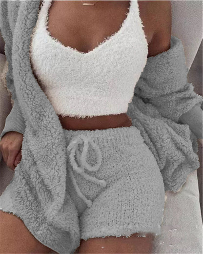 Three Piece Fashionable Ladies Fleece Loungewear Set