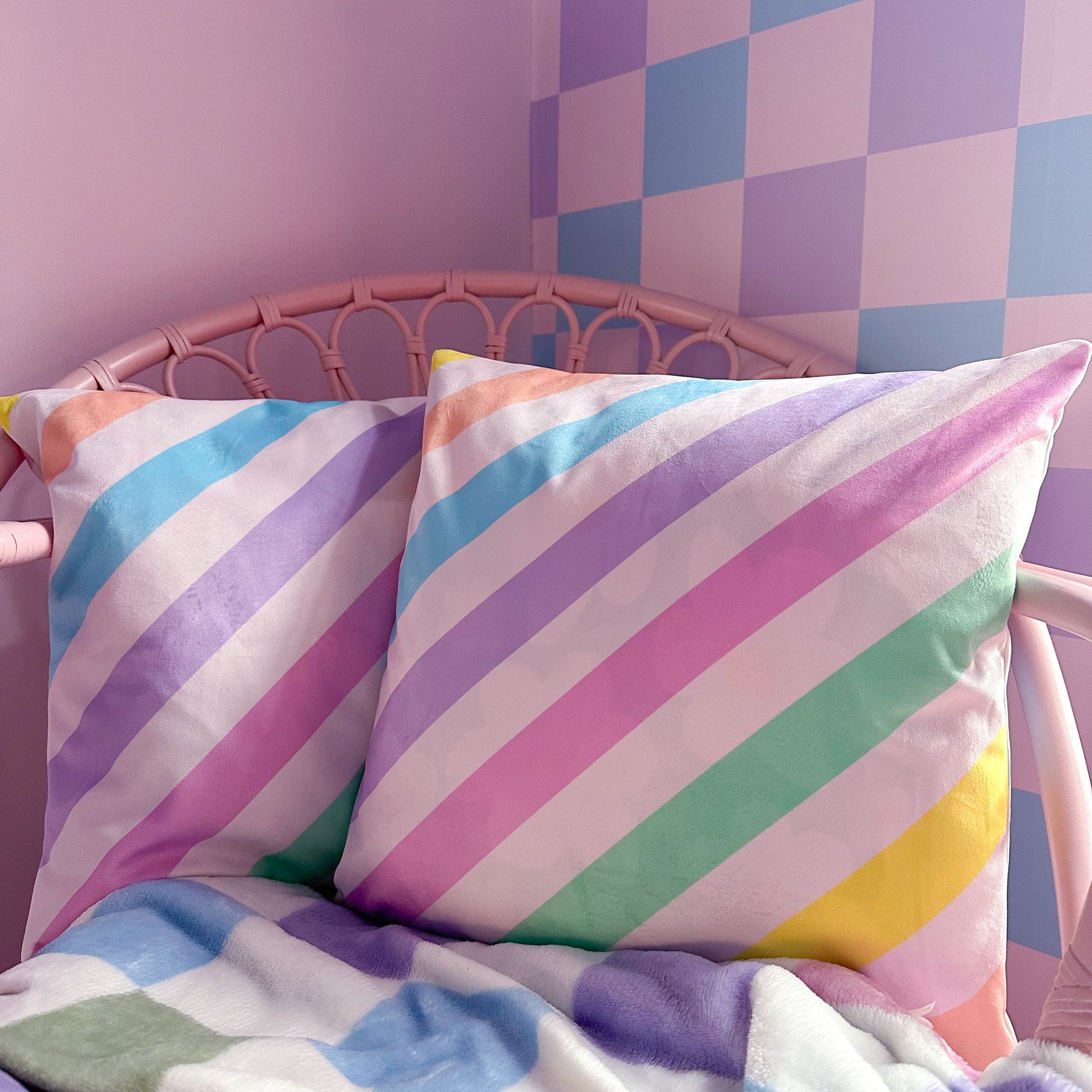 Rainbow velvet cushion square | Diagonal stripes cushion in rainbow colours - ScentiMelti Home Fragrance, Beauty & Gifts UK