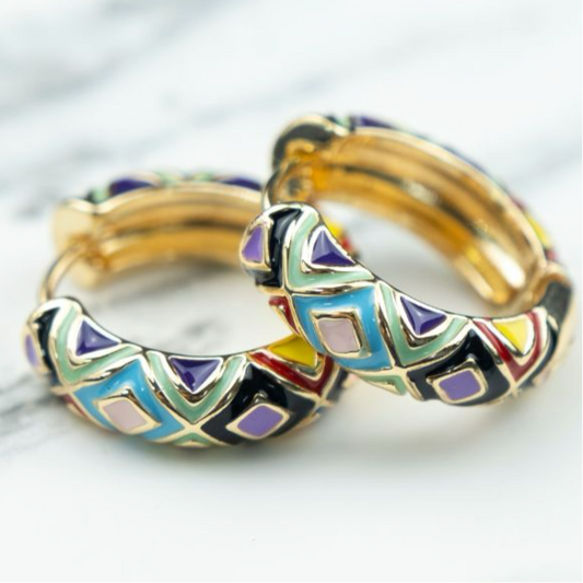 Gold Plated Large Diamond Multicolour Dainty Enamel Huggie Floral Hoop Earrings