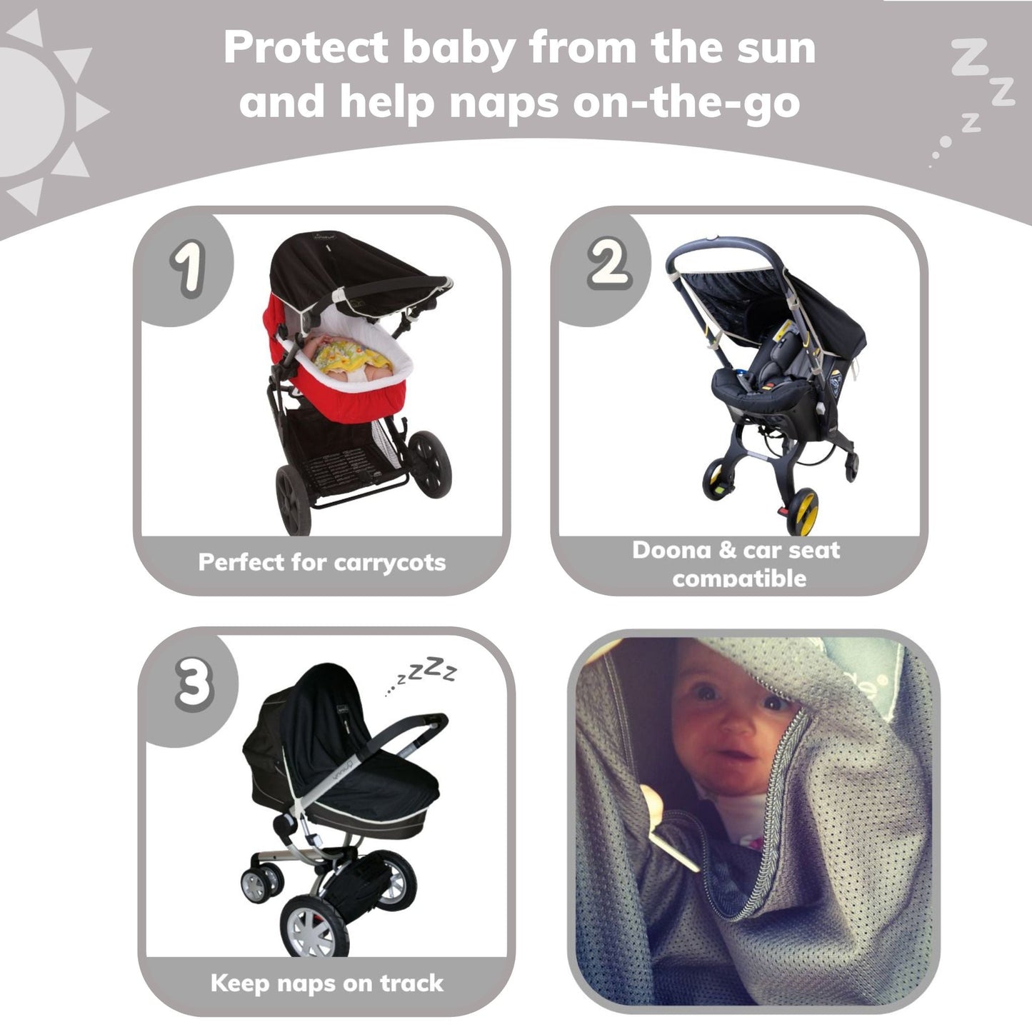 SnoozeShade Original (0-6m); Carrycot & pram sun shade and baby sleep aid; Better than a pram parasol; Doona compatible; Blocks 99% of UV - ScentiMelti Home Fragrance, Beauty & Gifts UK