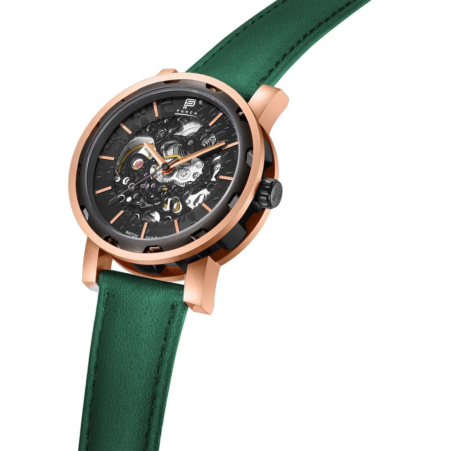 PUNCH Men's Rose Gold & Black Automatic Skeleton Watch - Green Leather Strap Punch Watch Design ScentiMelti Wax Melts