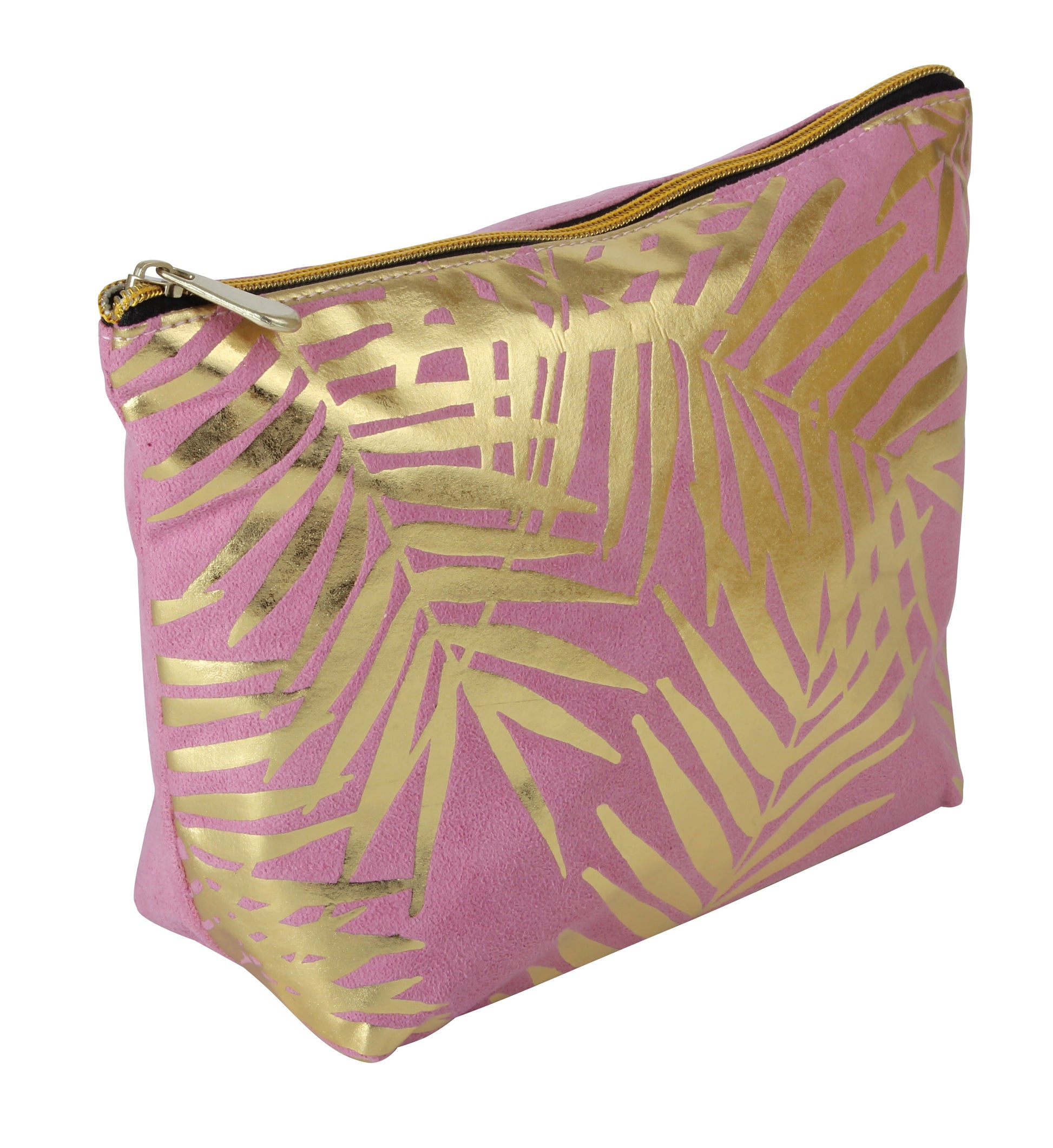 Fancy Metal Goods Pink Velvet with Gold Foil Palm Leaves Cosmetic Bag - ScentiMelti Home Fragrance, Beauty & Gifts UK