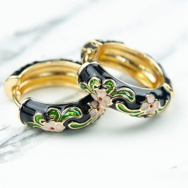 Gold Plated Large Black Multicolour Dainty Enamel Huggie Floral Hoop Earrings