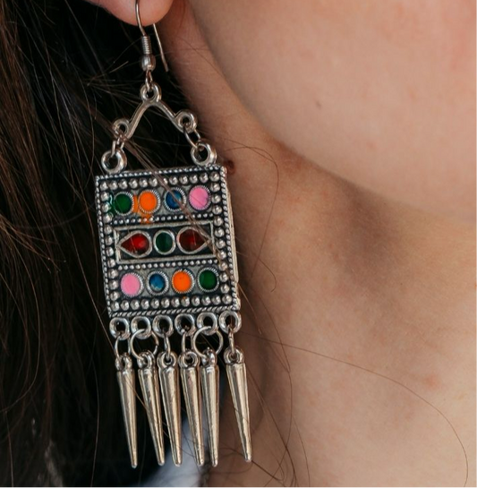 Oxidised Colourful Enamel Square Indian Boho  Drop Ethnic Asian Indian Earrings - ScentiMelti Home Fragrance, Beauty & Gifts UK