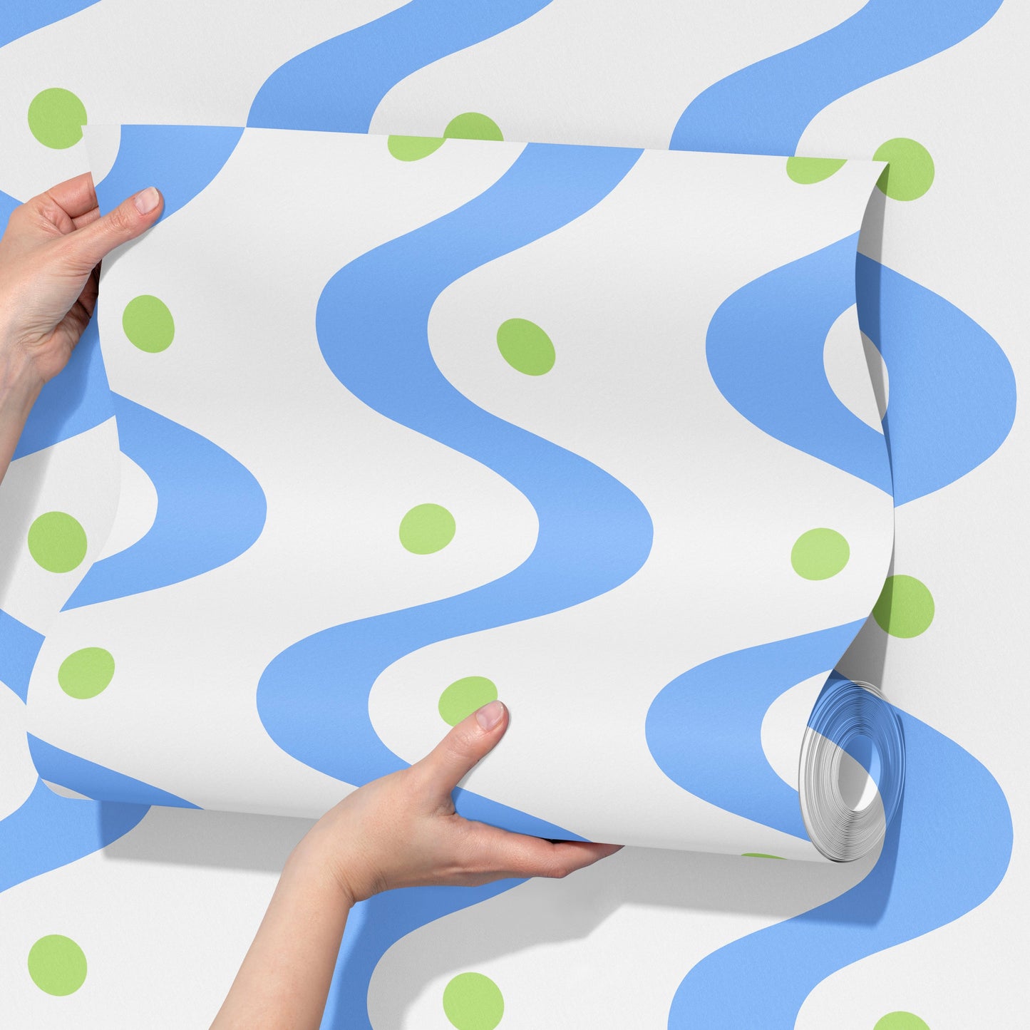 ‘A Wave of Dots’ Wallpaper in Cornflower Blue and Pea Green | Wallpaper with wavy and polka dot pattern - ScentiMelti Home Fragrance, Beauty & Gifts UK