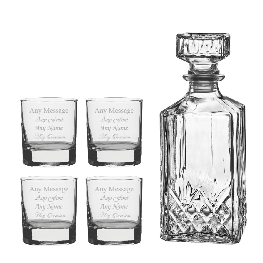 Set of 4 Engraved 11.5oz Side Whisky glasses and Prysm Decanter Gifts Finder ScentiMelti Wax Melts