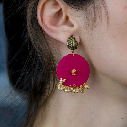 Pink Handmade Round Fabric Boho Poth White Pearl Asian Jhumka Drop Earrings The Colourful Aura ScentiMelti Wax Melts