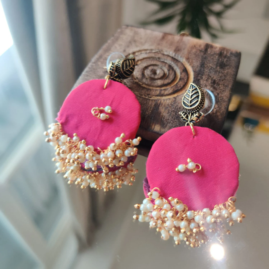 Pink Handmade Round Fabric Boho Poth White Pearl Asian Jhumka Drop Earrings The Colourful Aura ScentiMelti Wax Melts