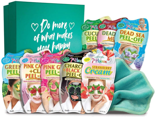 7th Heaven Beauty Box of Treats Gift Pack with 8 Facial Skincare Masks - Includes a Decorated Keepsake Box and Cleansing Face Cloth Beauty Goddess ScentiMelti Wax Melts