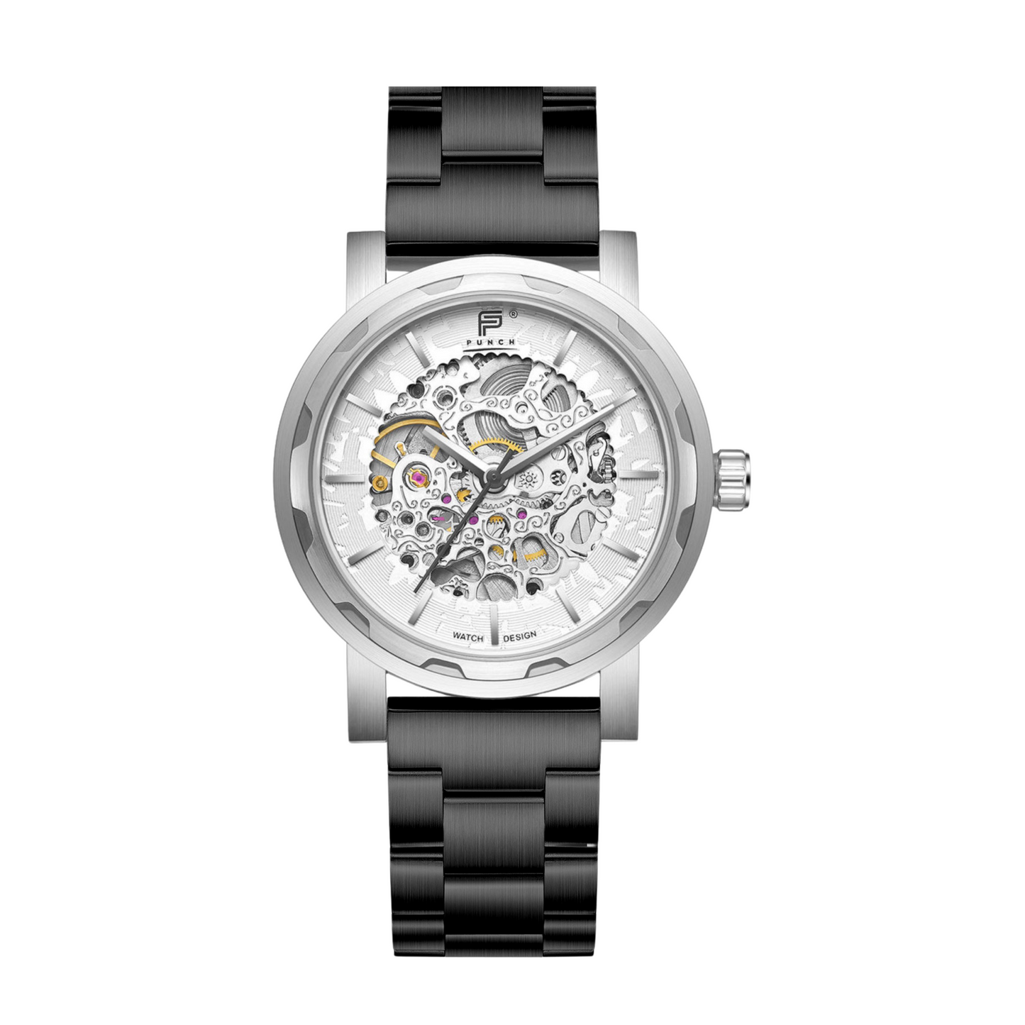 PUNCH Mens Watch, Silver & White Skeleton Automatic Watch - Black Metal Strap