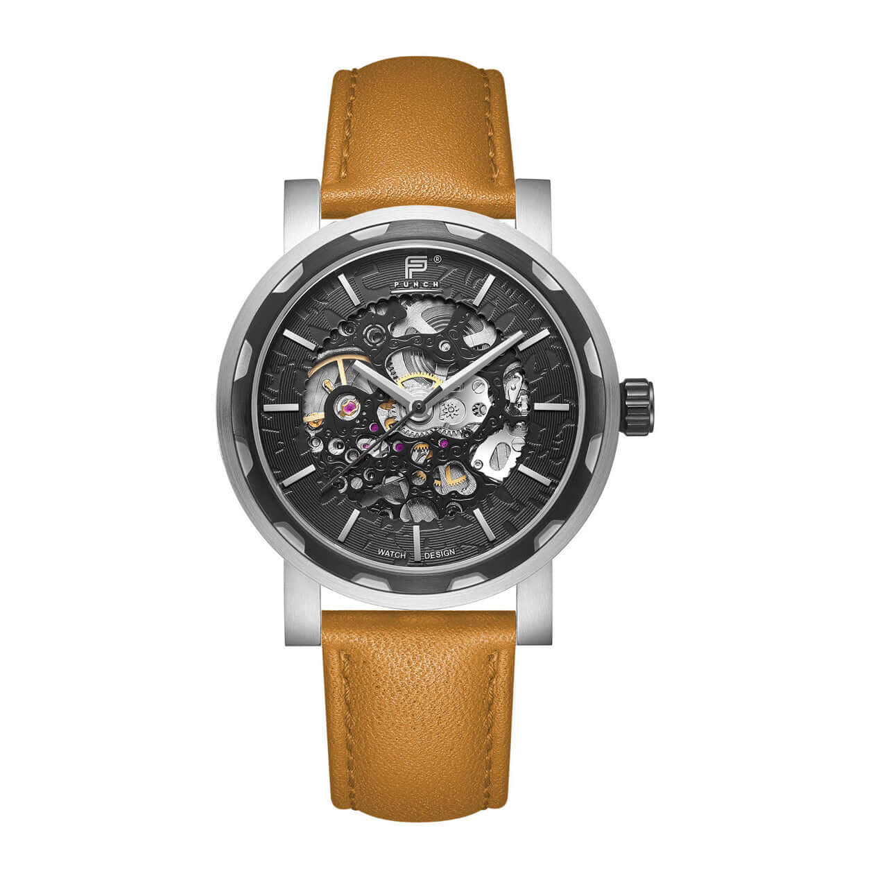 PUNCH Mens Watch, Black & Silver Skeleton Automatic Watch - Tan Leather Strap Punch Watch Design ScentiMelti Wax Melts