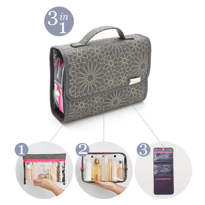 'Emma' 3 in 1 Hanging Wash Bag in Mandala Charcoal - ScentiMelti Home Fragrance, Beauty & Gifts UK