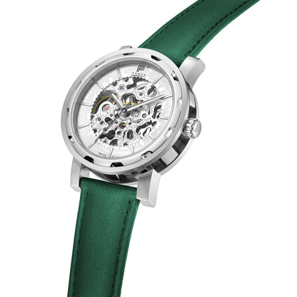 PUNCH Mens Watch, Silver & White Skeleton Automatic Watch - Green Leather Strap Punch Watch Design ScentiMelti Wax Melts