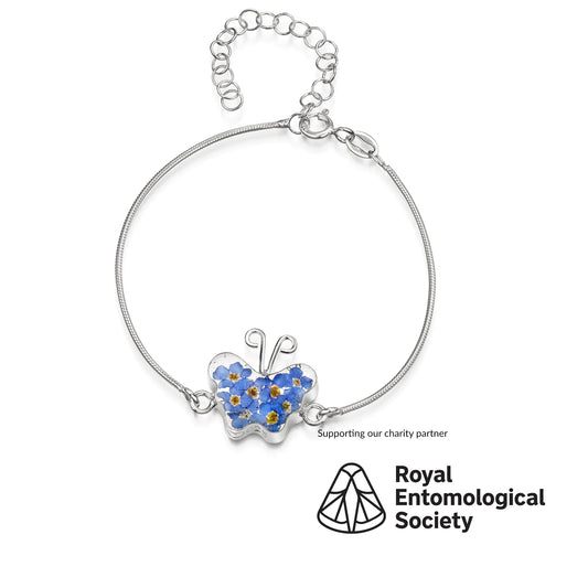 Sterling silver snake bracelet with flower charm - Forget-me-not - Butterfly - ScentiMelti Home Fragrance, Beauty & Gifts UK