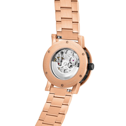 PUNCH Mens Watch, Rose Gold & Black Skeleton Automatic Watch - Silver Metal Strap