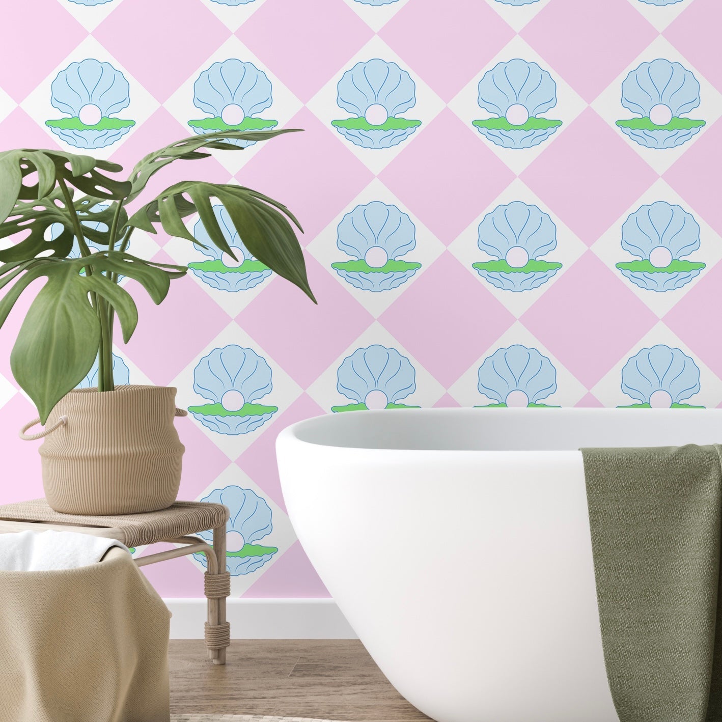 Grande Shell Wallpaper in Soft  Pink and Moss Green | Pink, Blue and Green Seashell wallpaper - ScentiMelti Home Fragrance, Beauty & Gifts UK