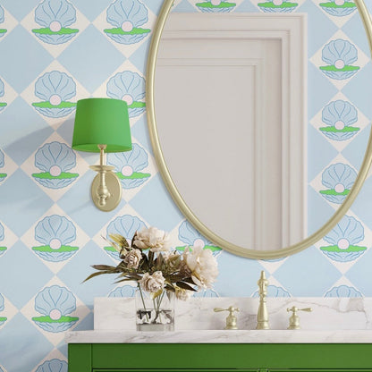 Grande Shell Wallpaper in Soft  Blue and Moss Green | Green and Blue Seashell wallpaper - ScentiMelti Home Fragrance, Beauty & Gifts UK