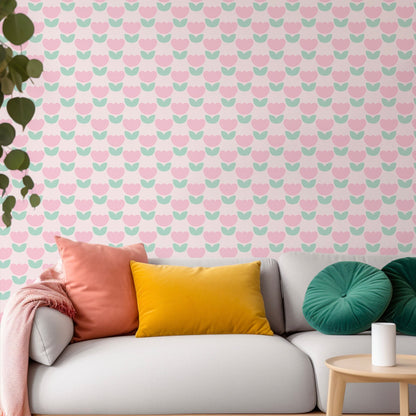 Marta’s Tulips Wallpaper in Pink Candy and Pistachio - ScentiMelti Home Fragrance, Beauty & Gifts UK